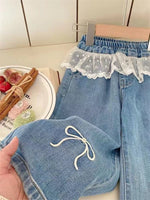Girls Stitching Lace Denim Pants 2025New Spring Embroidered Bow Jeans Children Clothes Kids Straight Legged Pants Loose Trousers - flohmarkt-deutschland.shop