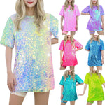 Glitzernde Pailletten-Shirts für Damen, Top, Rave-Tanzkleidung, Rundhalsausschnitt, kurze Ärmel, T-Shirts für Cocktailparty, Musik, Festival, Nachtclub - flohmarkt-deutschland.shop