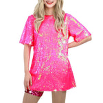 Glitzernde Pailletten-Shirts für Damen, Top, Rave-Tanzkleidung, Rundhalsausschnitt, kurze Ärmel, T-Shirts für Cocktailparty, Musik, Festival, Nachtclub - flohmarkt-deutschland.shop