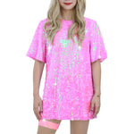 Glitzernde Pailletten-Shirts für Damen, Top, Rave-Tanzkleidung, Rundhalsausschnitt, kurze Ärmel, T-Shirts für Cocktailparty, Musik, Festival, Nachtclub - flohmarkt-deutschland.shop