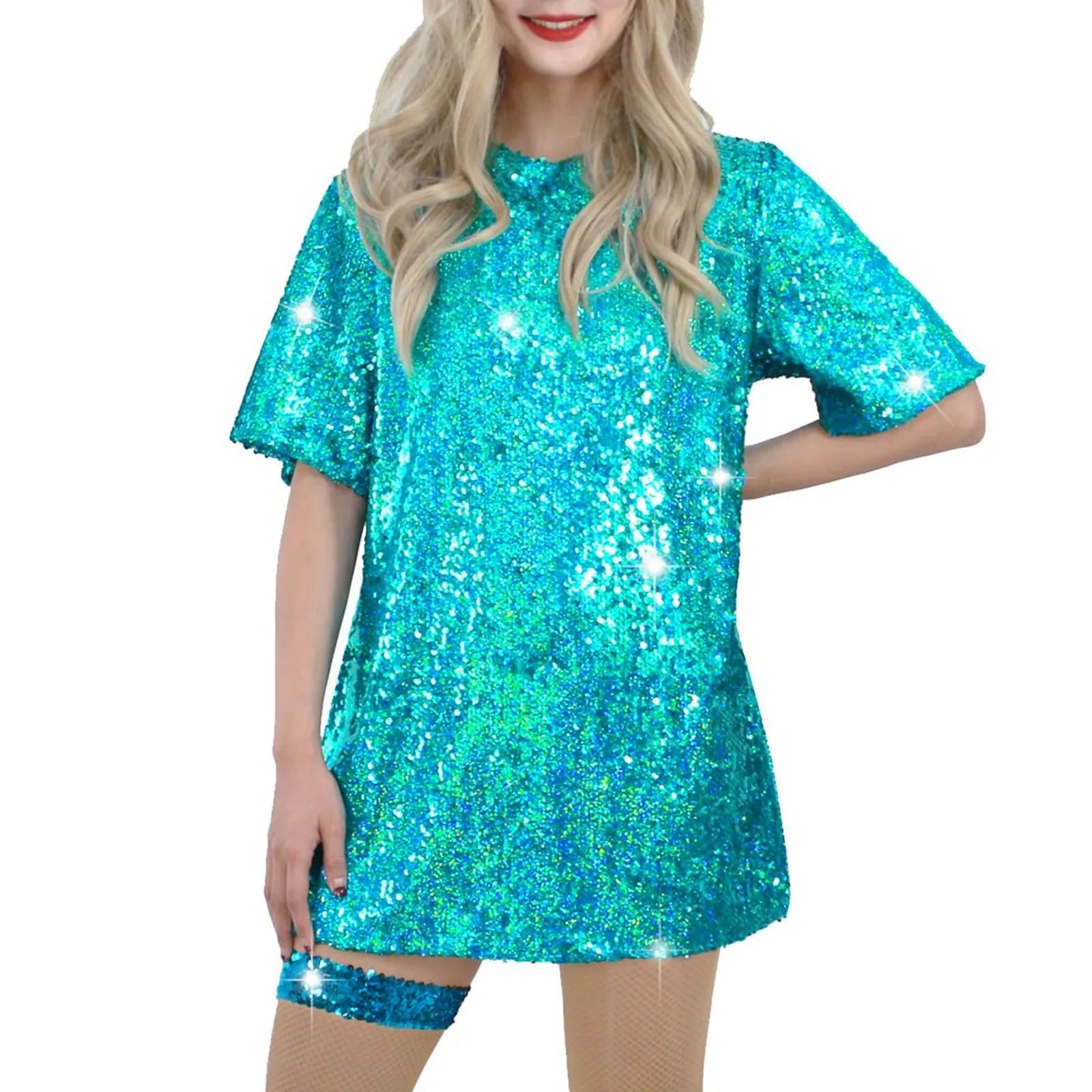 Glitzernde Pailletten-Shirts für Damen, Top, Rave-Tanzkleidung, Rundhalsausschnitt, kurze Ärmel, T-Shirts für Cocktailparty, Musik, Festival, Nachtclub - flohmarkt-deutschland.shop