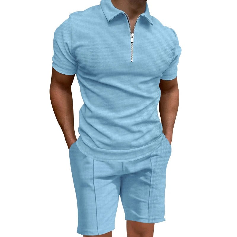 Grenzüberschreitendes Sommer-Herren-Poloshirt-Set, einfarbig, Waffel, kurzärmelig, schmales Revers-T-Shirt, lässiges Herren-Set - flohmarkt-deutschland.shop