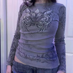 Grunge Cyber Mall Goth Thermo T-Shirt Totenköpfe Grafikdruck Langarm Pullover Tops Damen 90er Jahre Vintage Ästhetische T-Shirts - flohmarkt-deutschland.shop