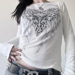 Grunge Cyber Mall Goth Thermo T-Shirt Totenköpfe Grafikdruck Langarm Pullover Tops Damen 90er Jahre Vintage Ästhetische T-Shirts - flohmarkt-deutschland.shop