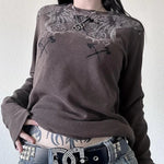 Grunge Cyber Mall Goth Thermo T-Shirt Totenköpfe Grafikdruck Langarm Pullover Tops Damen 90er Jahre Vintage Ästhetische T-Shirts - flohmarkt-deutschland.shop