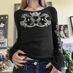Grunge Cyber Mall Goth Thermo T-Shirt Totenköpfe Grafikdruck Langarm Pullover Tops Damen 90er Jahre Vintage Ästhetische T-Shirts - flohmarkt-deutschland.shop