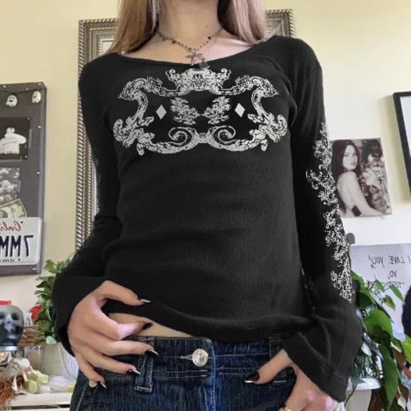 Grunge Cyber Mall Goth Thermo T-Shirt Totenköpfe Grafikdruck Langarm Pullover Tops Damen 90er Jahre Vintage Ästhetische T-Shirts - flohmarkt-deutschland.shop