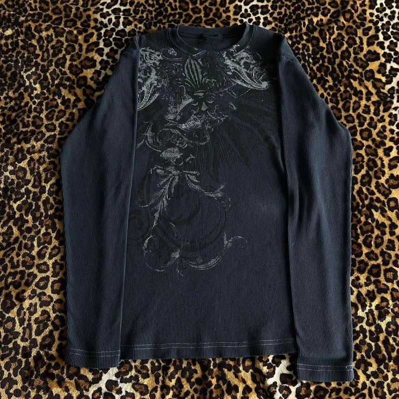 Grunge Cyber Mall Goth Thermo T-Shirt Totenköpfe Grafikdruck Langarm Pullover Tops Damen 90er Jahre Vintage Ästhetische T-Shirts - flohmarkt-deutschland.shop