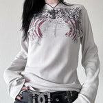 Grunge Cyber Mall Goth Thermo T-Shirt Totenköpfe Grafikdruck Langarm Pullover Tops Damen 90er Jahre Vintage Ästhetische T-Shirts - flohmarkt-deutschland.shop
