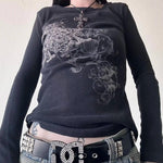 Grunge Cyber Mall Goth Thermo T-Shirt Totenköpfe Grafikdruck Langarm Pullover Tops Damen 90er Jahre Vintage Ästhetische T-Shirts - flohmarkt-deutschland.shop