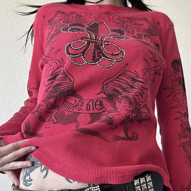 Grunge Cyber Mall Goth Thermo T-Shirt Totenköpfe Grafikdruck Langarm Pullover Tops Damen 90er Jahre Vintage Ästhetische T-Shirts - flohmarkt-deutschland.shop