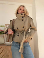 Gürtel Taille Abgeschnitten Graben Jacken Frauen Zweireiher Stehkragen Mäntel 2025, Herbst Chic Casual Vintage Jacke Frauen Tuch - flohmarkt-deutschland.shop