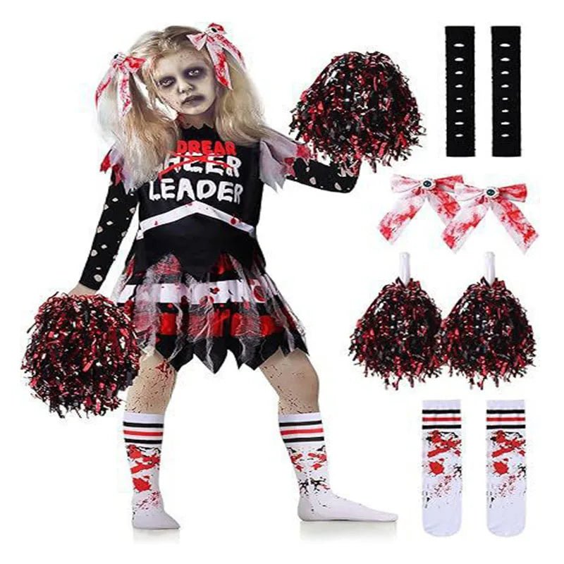 Halloween Meisje Zombie Cheerleading Maskerade Kostuum Bloedkousen Uniform Kinder Halloween Thema Feest Cosplay Kostuum - flohmarkt-deutschland.shop
