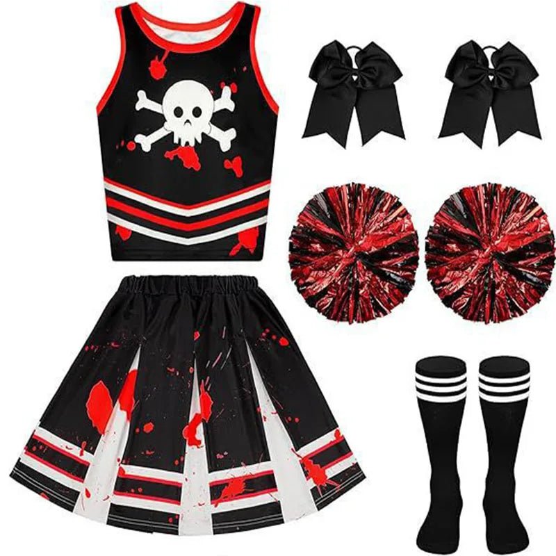 Halloween Meisje Zombie Cheerleading Maskerade Kostuum Bloedkousen Uniform Kinder Halloween Thema Feest Cosplay Kostuum - flohmarkt-deutschland.shop