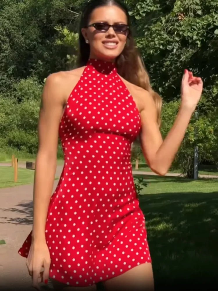 Halter Dot Printed Dresses For Women Fashion Sexy Streetwear Backless Sleeveless O-Neck Sheath Mini Vestidos Robes Female Slim - flohmarkt-deutschland.shop