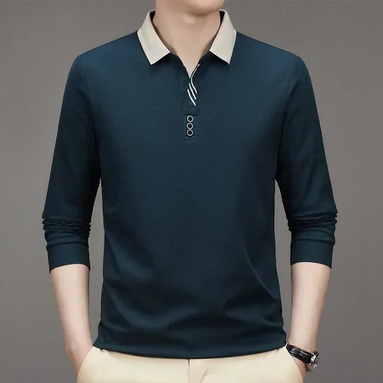 Herren Langarm Umlegekragen Waffel T-Shirt Business Casual Poloshirt T-Shirt - flohmarkt-deutschland.shop