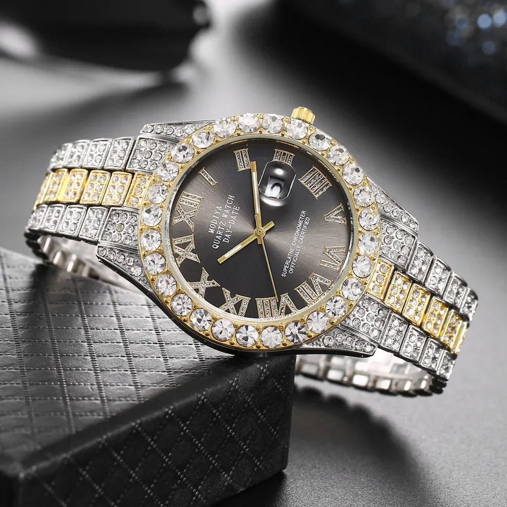 Herren Luxusuhr Diamant Bling – Gold, Strass, Kalender, Quarz, Geschenk - flohmarkt-deutschland.shop