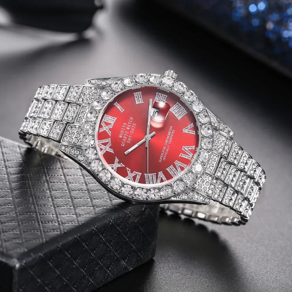 Herren Luxusuhr Diamant Bling – Gold, Strass, Kalender, Quarz, Geschenk - flohmarkt-deutschland.shop
