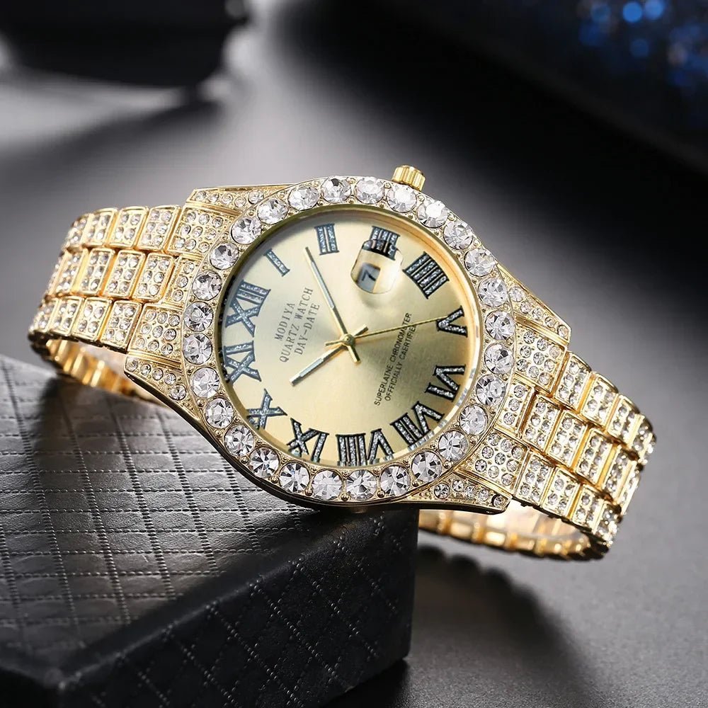 Herren Luxusuhr Diamant Bling – Gold, Strass, Kalender, Quarz, Geschenk - flohmarkt-deutschland.shop