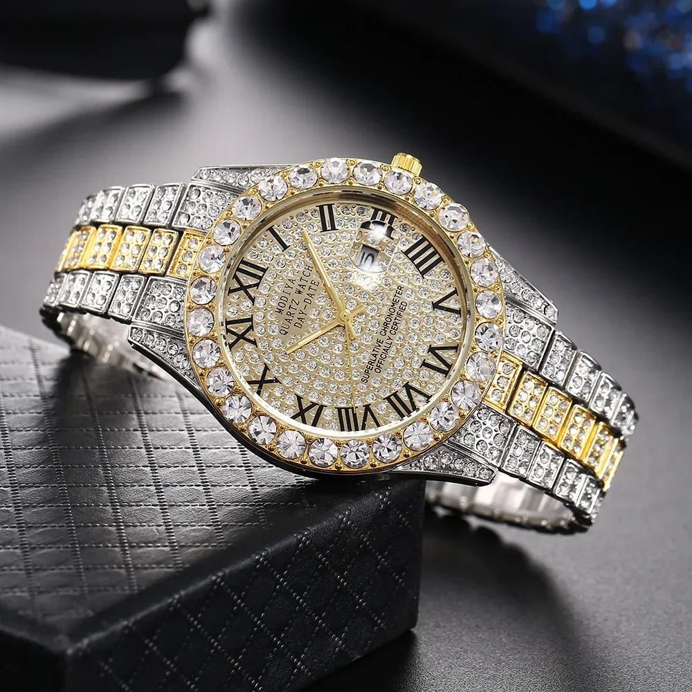 Herren Luxusuhr Diamant Bling – Gold, Strass, Kalender, Quarz, Geschenk - flohmarkt-deutschland.shop
