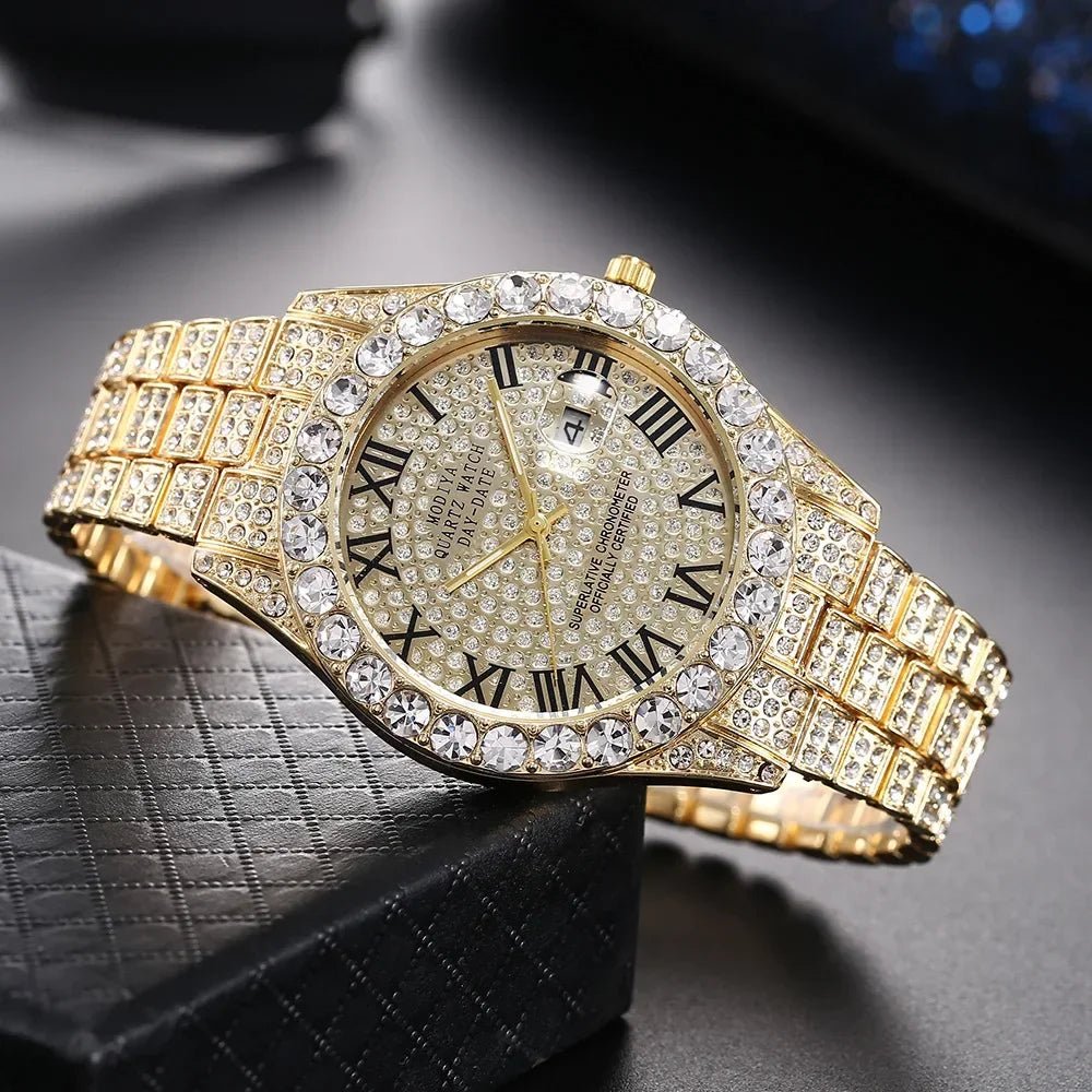 Herren Luxusuhr Diamant Bling – Gold, Strass, Kalender, Quarz, Geschenk - flohmarkt-deutschland.shop