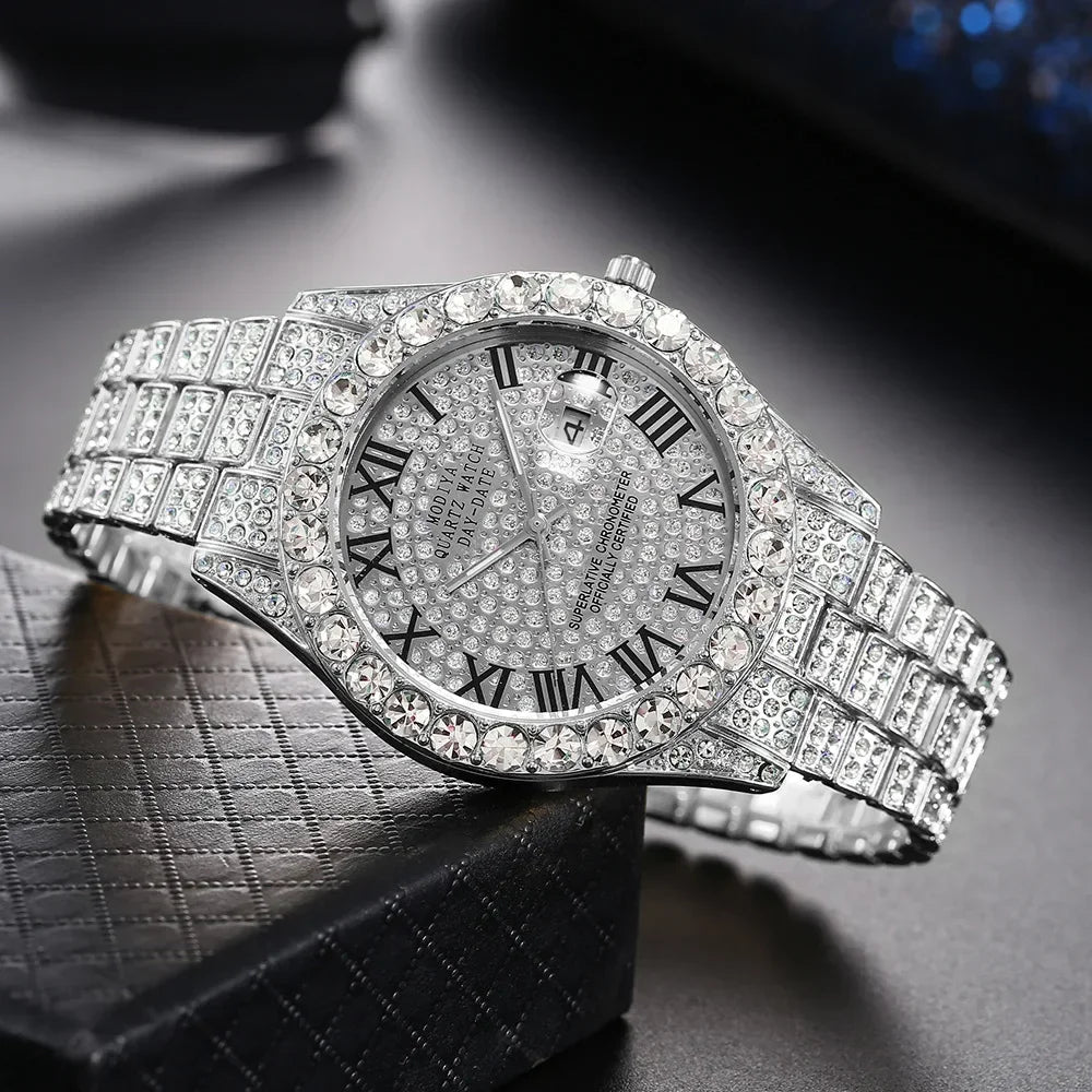 Herren Luxusuhr Diamant Bling – Gold, Strass, Kalender, Quarz, Geschenk - flohmarkt-deutschland.shop