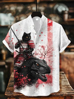 Herren-Retro-Katzenhemd mit lustigem Kalligrafie-Dinosaurier-Vulkaneruption-Print, kurzärmelig, Urlaubsmode, Vintage japanische Kleidung - flohmarkt-deutschland.shop