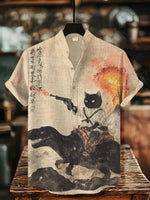 Herren-Retro-Katzenhemd mit lustigem Kalligrafie-Dinosaurier-Vulkaneruption-Print, kurzärmelig, Urlaubsmode, Vintage japanische Kleidung - flohmarkt-deutschland.shop