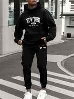 Herren Samt Verdickt Sport Set New York Brief Gedruckt Frühling und Herbst Hoodie Set Langarm Casual Bequeme Tasche Hoo - flohmarkt-deutschland.shop