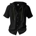 Herren-Shirt aus Baumwoll-Leinen – Kurzarm, mit Kapuze, unifarben, atmungsaktiv und leicht – Design mit Kordelzug – Lässiges Basic-Shirt - flohmarkt-deutschland.shop