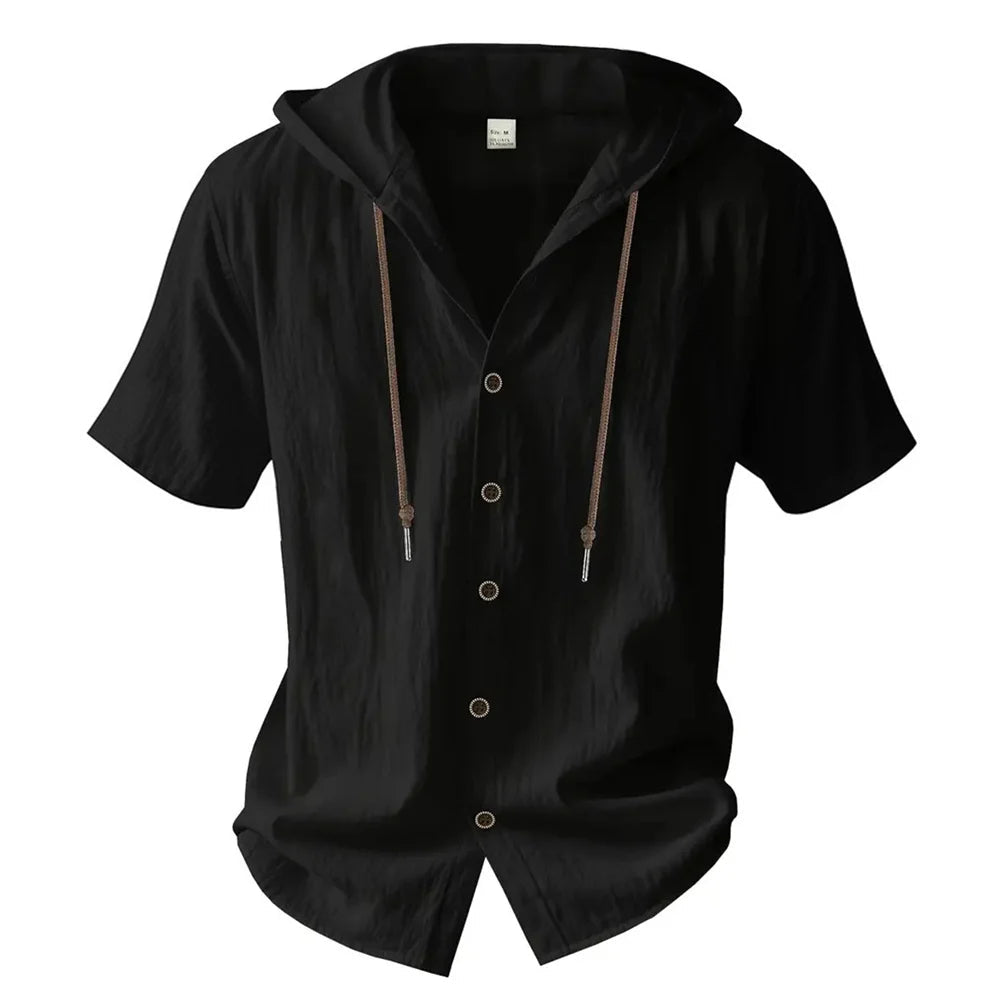 Herren-Shirt aus Baumwoll-Leinen – Kurzarm, mit Kapuze, unifarben, atmungsaktiv und leicht – Design mit Kordelzug – Lässiges Basic-Shirt - flohmarkt-deutschland.shop