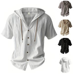 Herren-Shirt aus Baumwoll-Leinen – Kurzarm, mit Kapuze, unifarben, atmungsaktiv und leicht – Design mit Kordelzug – Lässiges Basic-Shirt - flohmarkt-deutschland.shop