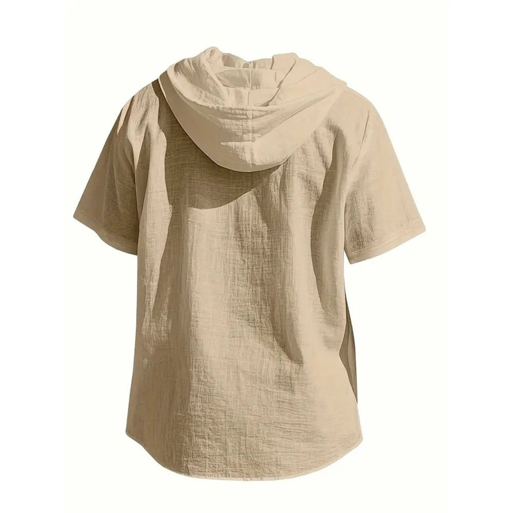 Herren-Shirt aus Baumwoll-Leinen – Kurzarm, mit Kapuze, unifarben, atmungsaktiv und leicht – Design mit Kordelzug – Lässiges Basic-Shirt - flohmarkt-deutschland.shop