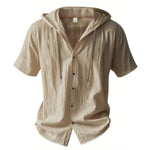 Herren-Shirt aus Baumwoll-Leinen – Kurzarm, mit Kapuze, unifarben, atmungsaktiv und leicht – Design mit Kordelzug – Lässiges Basic-Shirt - flohmarkt-deutschland.shop