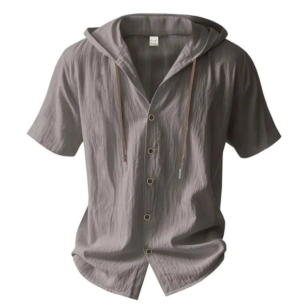 Herren-Shirt aus Baumwoll-Leinen – Kurzarm, mit Kapuze, unifarben, atmungsaktiv und leicht – Design mit Kordelzug – Lässiges Basic-Shirt - flohmarkt-deutschland.shop