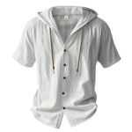 Herren-Shirt aus Baumwoll-Leinen – Kurzarm, mit Kapuze, unifarben, atmungsaktiv und leicht – Design mit Kordelzug – Lässiges Basic-Shirt - flohmarkt-deutschland.shop