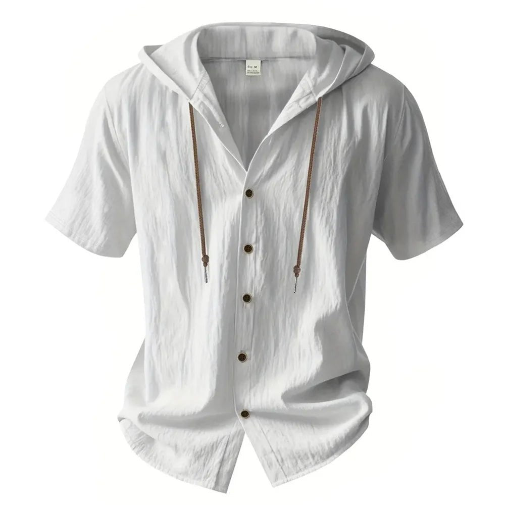 Herren-Shirt aus Baumwoll-Leinen – Kurzarm, mit Kapuze, unifarben, atmungsaktiv und leicht – Design mit Kordelzug – Lässiges Basic-Shirt - flohmarkt-deutschland.shop
