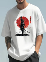 Herren-Sommer-T-Shirt aus 100 % Baumwolle, modisch, lässig, locker, japanisches Samurai-Muster, bedruckt, Rundhalsausschnitt, kurzärmelig - flohmarkt-deutschland.shop