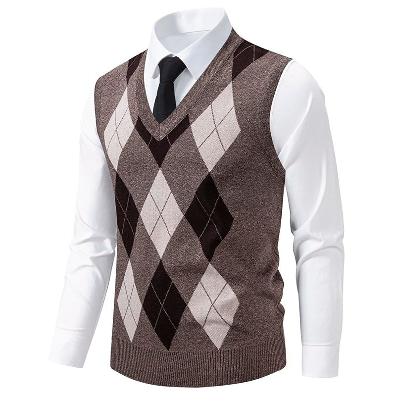Herren Strickweste Mode Pullover Weste Argyle Muster Weste Fleece gefüttert warme Westen - flohmarkt-deutschland.shop