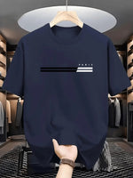 Herren T-Shirt mit minimalistischen Streifenverzierungen und urbanem Wahrzeichen-Thema Buchstaben-Druck, Commuter-Textur aus Pol - flohmarkt-deutschland.shop