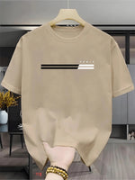 Herren T-Shirt mit minimalistischen Streifenverzierungen und urbanem Wahrzeichen-Thema Buchstaben-Druck, Commuter-Textur aus Pol - flohmarkt-deutschland.shop