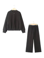 HH Damen Herbst 2-teilig Retro einfarbig Reißverschluss Bomberjacke Sweatshirt + hohe Taille Schnürung Damen Hose mit weitem Bein Street Wear - flohmarkt-deutschland.shop