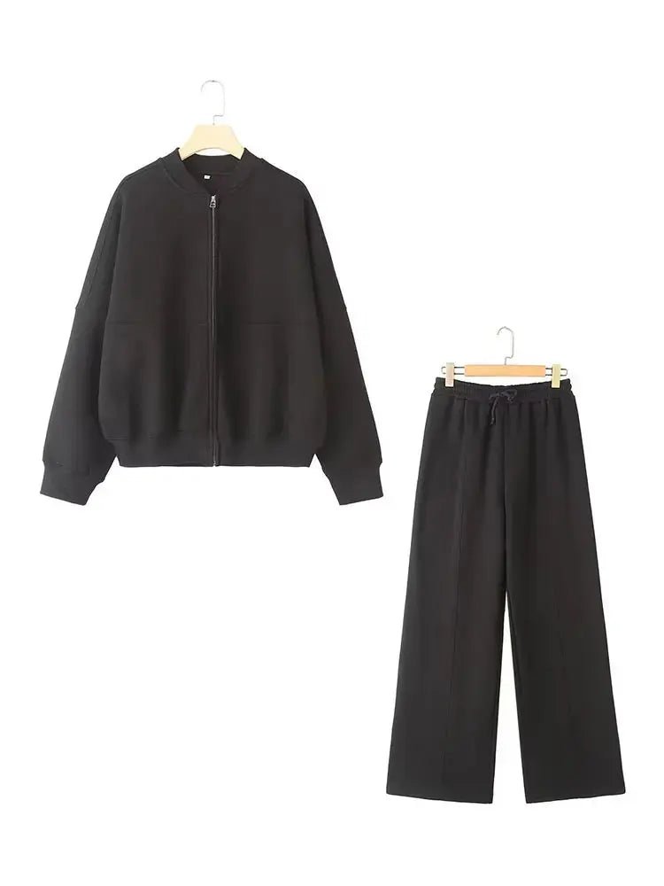 HH Damen Herbst 2-teilig Retro einfarbig Reißverschluss Bomberjacke Sweatshirt + hohe Taille Schnürung Damen Hose mit weitem Bein Street Wear - flohmarkt-deutschland.shop