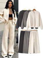 HH Damen Herbst 2-teilig Retro einfarbig Reißverschluss Bomberjacke Sweatshirt + hohe Taille Schnürung Damen Hose mit weitem Bein Street Wear - flohmarkt-deutschland.shop