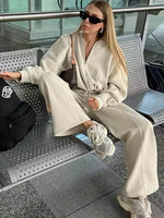 HH Damen Herbst 2-teilig Retro einfarbig Reißverschluss Bomberjacke Sweatshirt + hohe Taille Schnürung Damen Hose mit weitem Bein Street Wear - flohmarkt-deutschland.shop