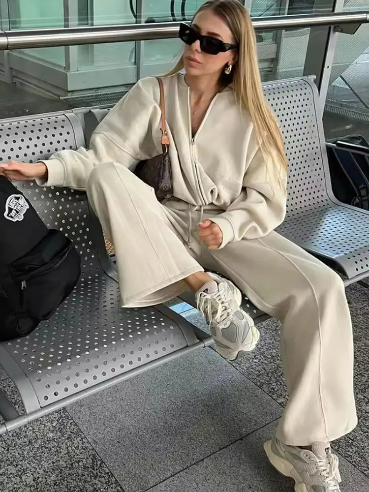 HH Damen Herbst 2-teilig Retro einfarbig Reißverschluss Bomberjacke Sweatshirt + hohe Taille Schnürung Damen Hose mit weitem Bein Street Wear - flohmarkt-deutschland.shop