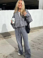 HH Damen Herbst 2-teilig Retro einfarbig Reißverschluss Bomberjacke Sweatshirt + hohe Taille Schnürung Damen Hose mit weitem Bein Street Wear - flohmarkt-deutschland.shop