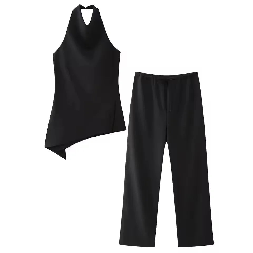 HH Womens Luxury Satin Two Piece Set Halter Neck Asymmetrical Top And Wide Leg Pants Elegant Party Club Outfit For Spring Summer - flohmarkt-deutschland.shop
