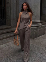 HH Womens Luxury Satin Two Piece Set Halter Neck Asymmetrical Top And Wide Leg Pants Elegant Party Club Outfit For Spring Summer - flohmarkt-deutschland.shop