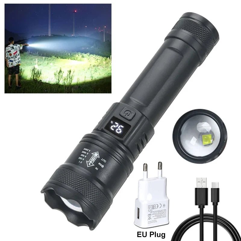High Strong Power Led Flashlights 2000LM Tactical Torch with Display Light USB Charging Camping Fishing Emergency Zoom Lantern - flohmarkt-deutschland.shop